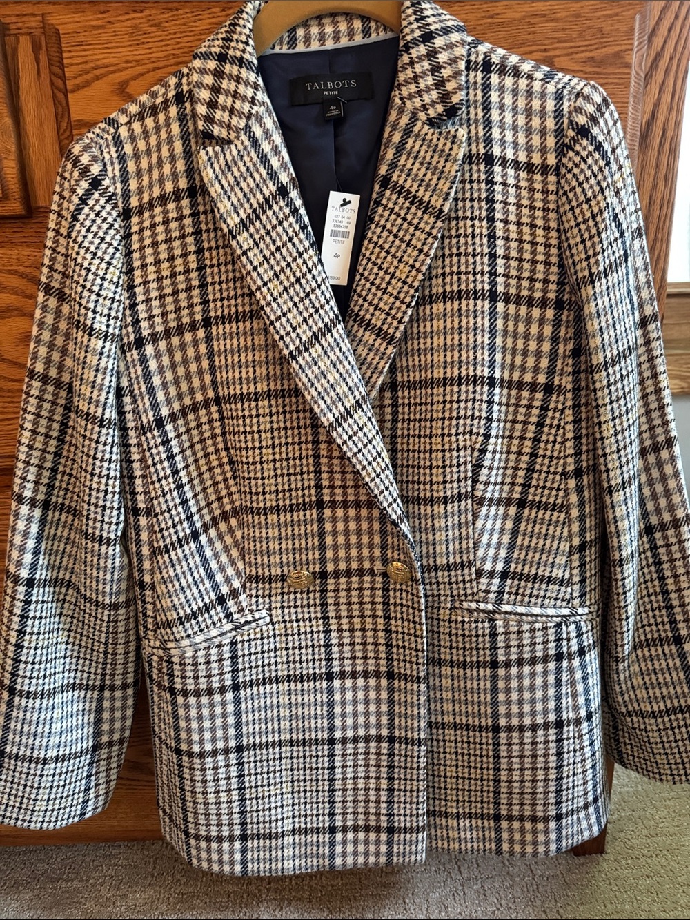 Talbots Navy and Cream Plaid Double-Breasted Blazer with Gold Buttons